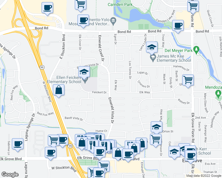 map of restaurants, bars, coffee shops, grocery stores, and more near 9393 Emerald Vista Drive in Elk Grove