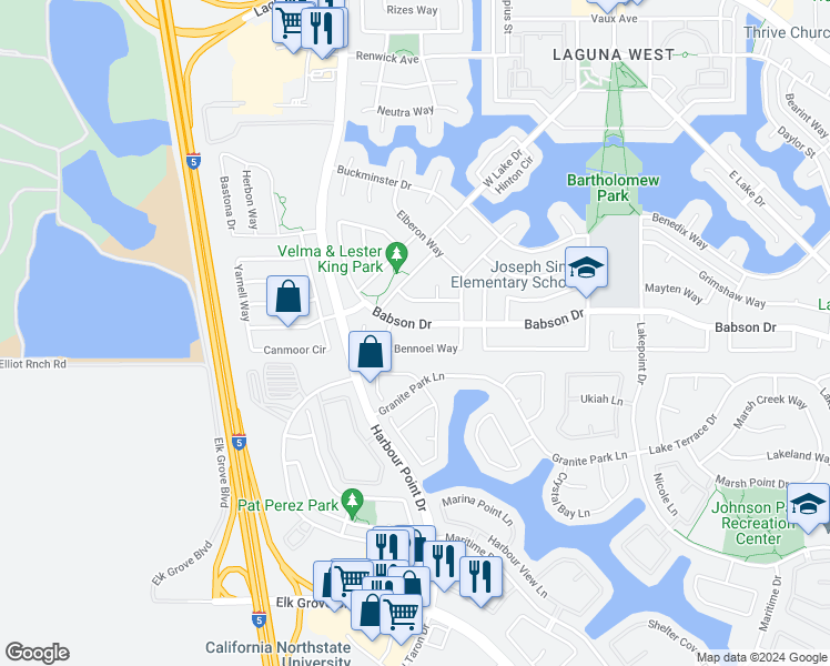 map of restaurants, bars, coffee shops, grocery stores, and more near 2616 Babson Drive in Elk Grove