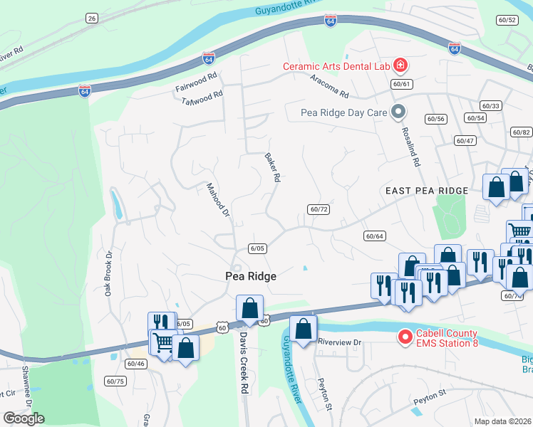 map of restaurants, bars, coffee shops, grocery stores, and more near 5972 Baker Rd in Huntington
