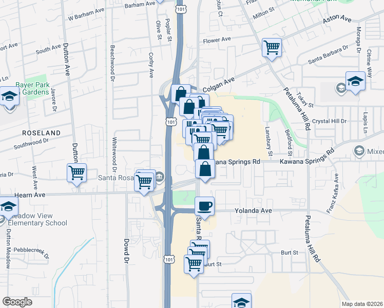 map of restaurants, bars, coffee shops, grocery stores, and more near 2249 Santa Rosa Avenue in Santa Rosa