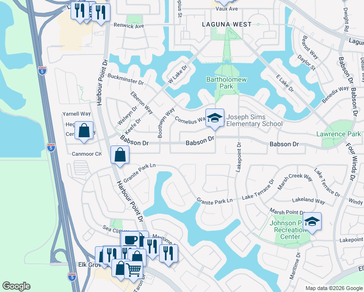 map of restaurants, bars, coffee shops, grocery stores, and more near 2820 Babson Drive in Elk Grove