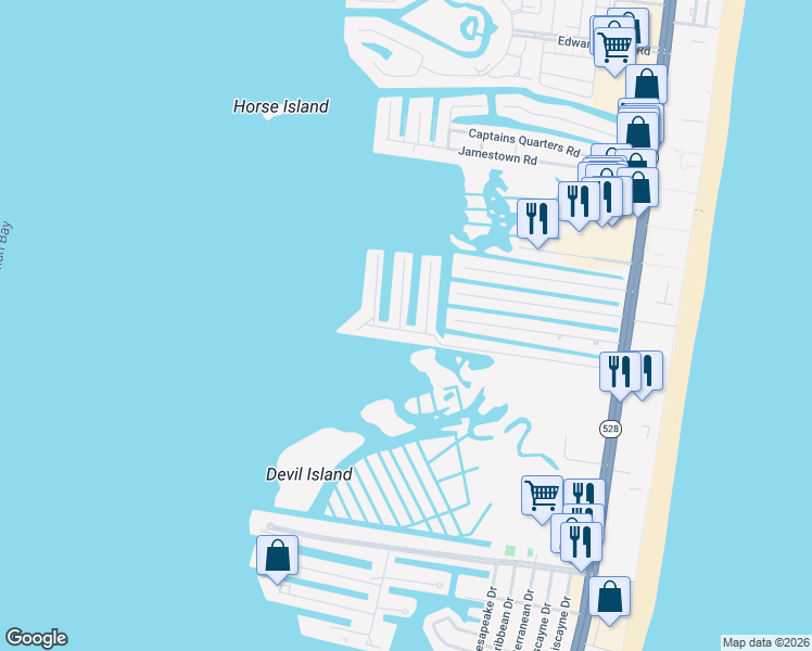 map of restaurants, bars, coffee shops, grocery stores, and more near 10600 Pine Needle Road in Ocean City