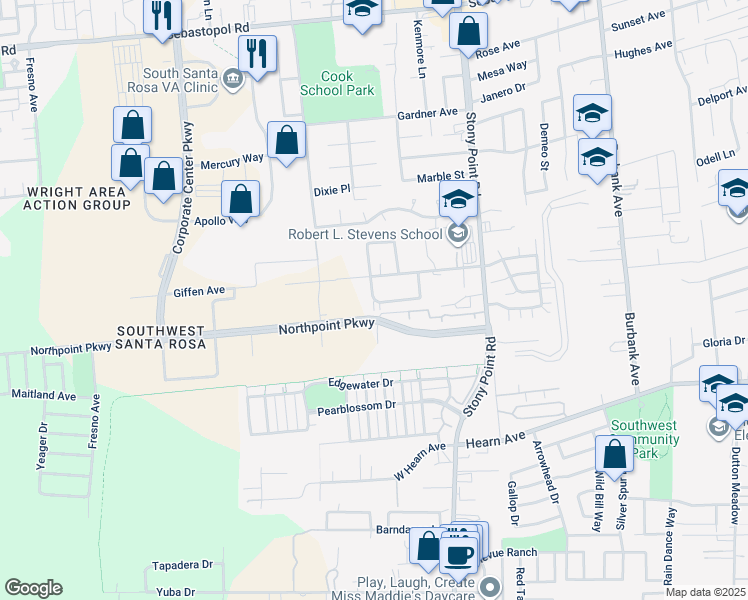 map of restaurants, bars, coffee shops, grocery stores, and more near 2645 Buss Drive in Santa Rosa