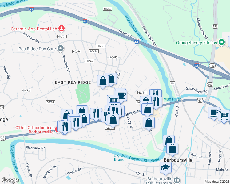 map of restaurants, bars, coffee shops, grocery stores, and more near 6297 East Pea Ridge Road in Huntington