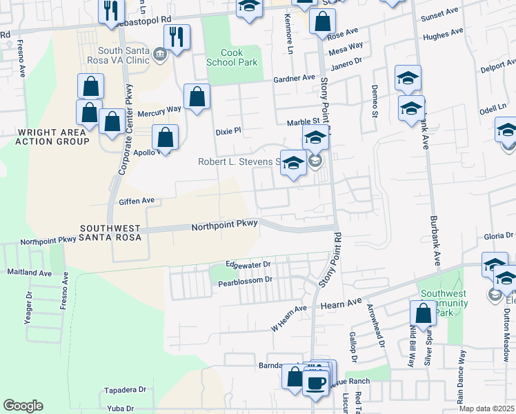 map of restaurants, bars, coffee shops, grocery stores, and more near 2651 Buss Drive in Santa Rosa