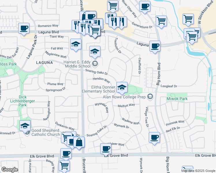 map of restaurants, bars, coffee shops, grocery stores, and more near 7533 Ryland Court in Elk Grove