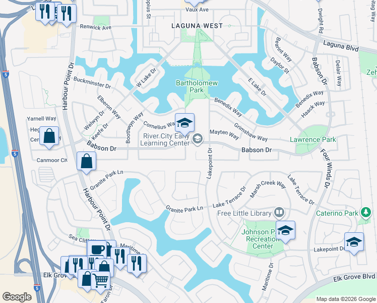 map of restaurants, bars, coffee shops, grocery stores, and more near 9386 Marlemont Circle in Elk Grove