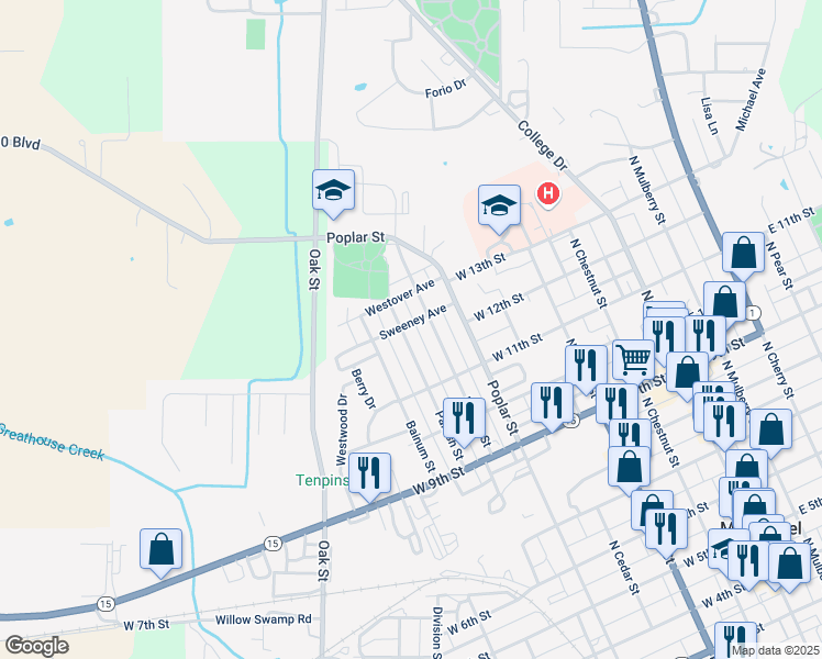 map of restaurants, bars, coffee shops, grocery stores, and more near 1100-1198 Parrish Street in Mount Carmel
