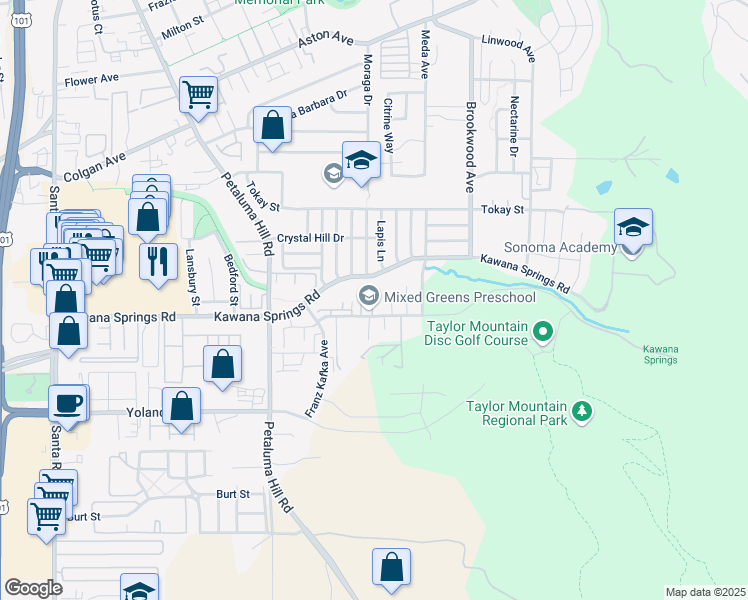 map of restaurants, bars, coffee shops, grocery stores, and more near 1321 Lia Lane in Santa Rosa
