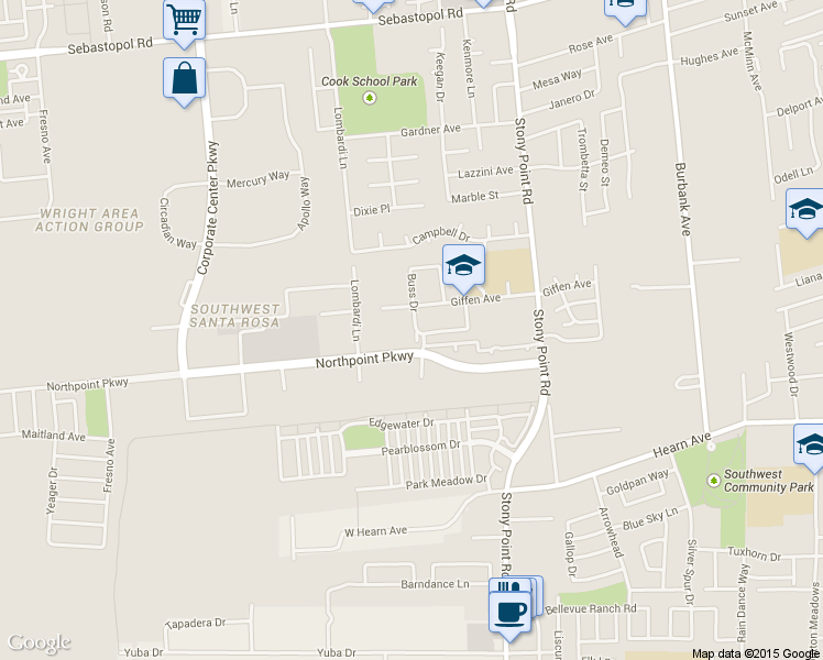 map of restaurants, bars, coffee shops, grocery stores, and more near 2659 Buss Drive in Santa Rosa