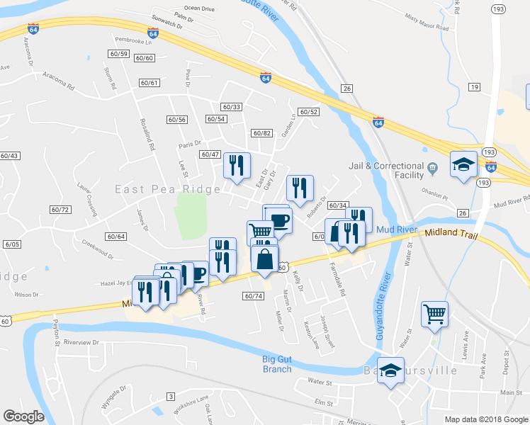 map of restaurants, bars, coffee shops, grocery stores, and more near 6297 East Pea Ridge Road in Huntington