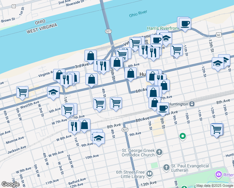 map of restaurants, bars, coffee shops, grocery stores, and more near 431 6th Avenue in Huntington
