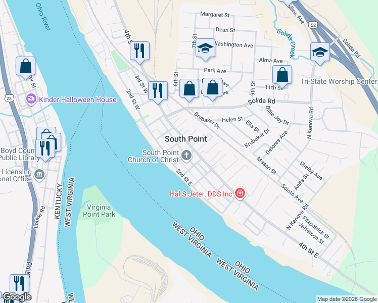 map of restaurants, bars, coffee shops, grocery stores, and more near 402 4th Street East in South Point
