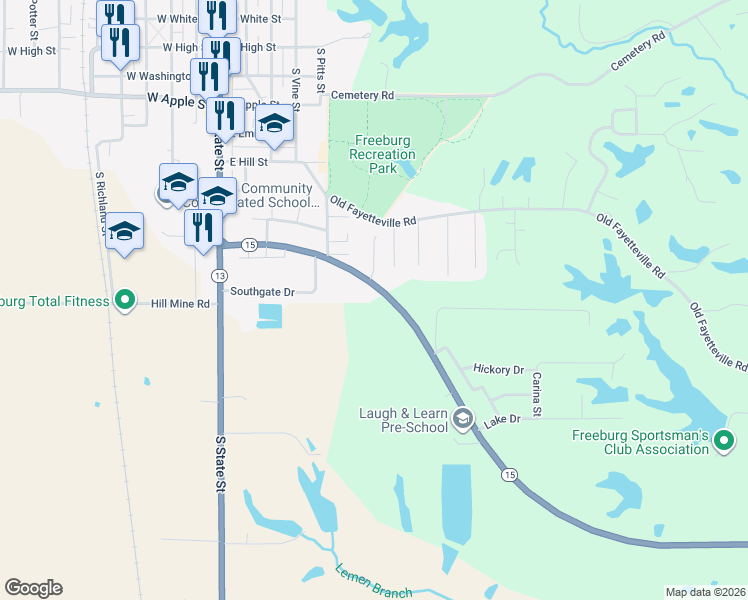 map of restaurants, bars, coffee shops, grocery stores, and more near 520 Urbanna Drive in Freeburg
