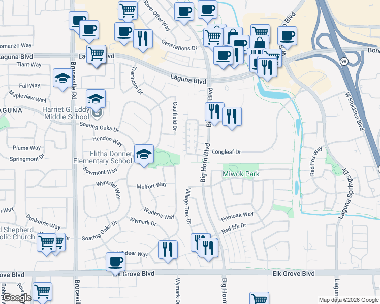 map of restaurants, bars, coffee shops, grocery stores, and more near 8164 Crystal Walk Circle in Elk Grove