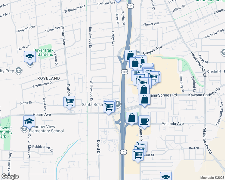 map of restaurants, bars, coffee shops, grocery stores, and more near 2373 Corby Avenue in Santa Rosa
