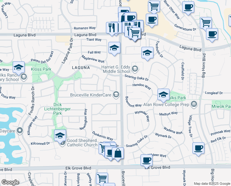 map of restaurants, bars, coffee shops, grocery stores, and more near 9385 Ivydale Circle in Elk Grove