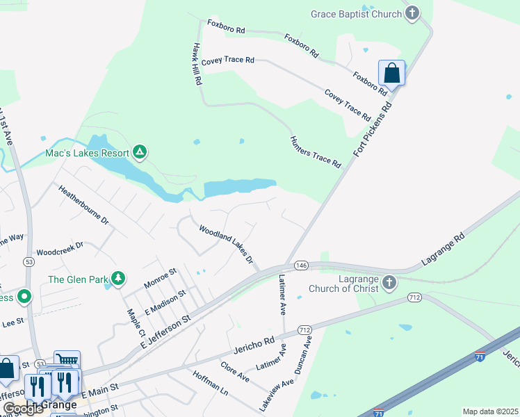 map of restaurants, bars, coffee shops, grocery stores, and more near 1012 Lyle Lane in La Grange