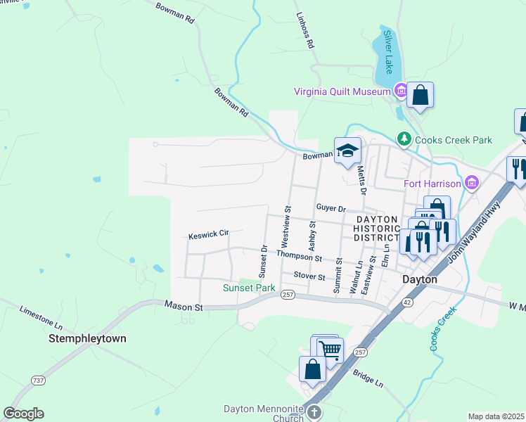 map of restaurants, bars, coffee shops, grocery stores, and more near 305 Sunset Drive in Dayton