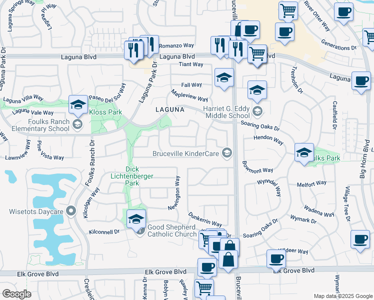 map of restaurants, bars, coffee shops, grocery stores, and more near 7036 Plume Way in Elk Grove