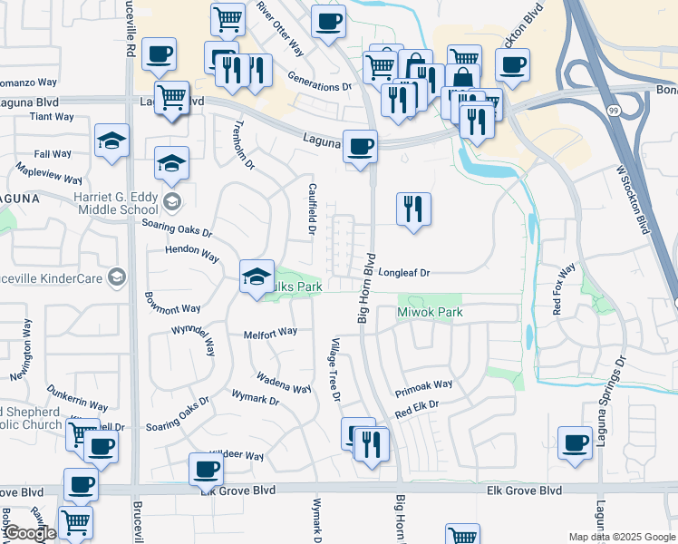 map of restaurants, bars, coffee shops, grocery stores, and more near 8143 Crystal Walk Circle in Elk Grove