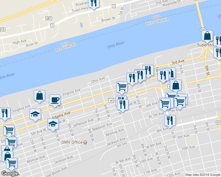 map of restaurants, bars, coffee shops, grocery stores, and more near 502 Washington Avenue in Huntington