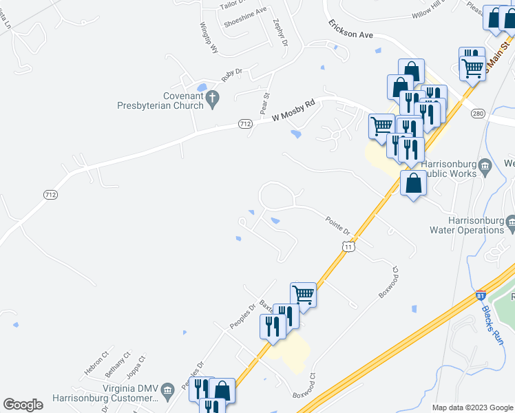 map of restaurants, bars, coffee shops, grocery stores, and more near 507 Pointe Drive in Harrisonburg