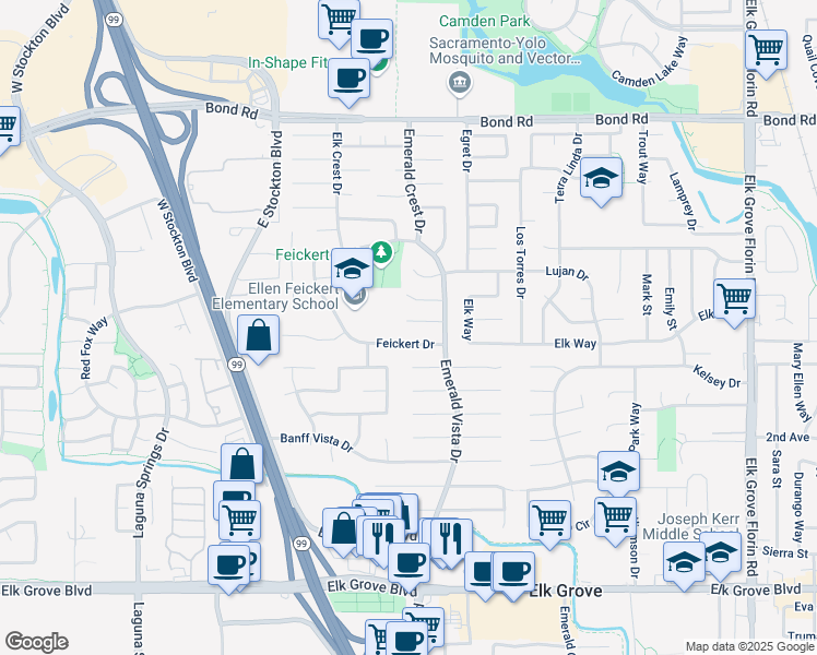 map of restaurants, bars, coffee shops, grocery stores, and more near 8604 Zircon Crest Court in Elk Grove