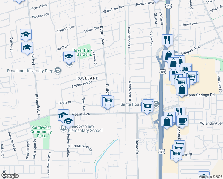 map of restaurants, bars, coffee shops, grocery stores, and more near 479 Miaterra Drive in Santa Rosa