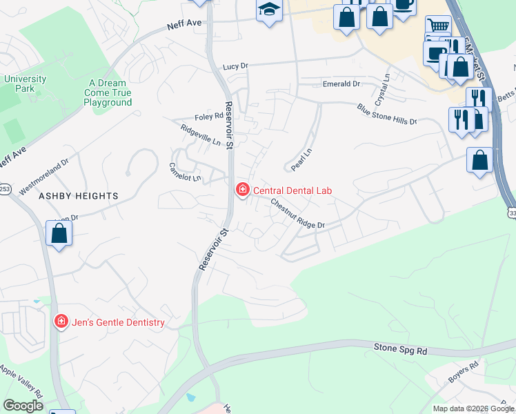 map of restaurants, bars, coffee shops, grocery stores, and more near 2417 Avonlea Lane in Harrisonburg
