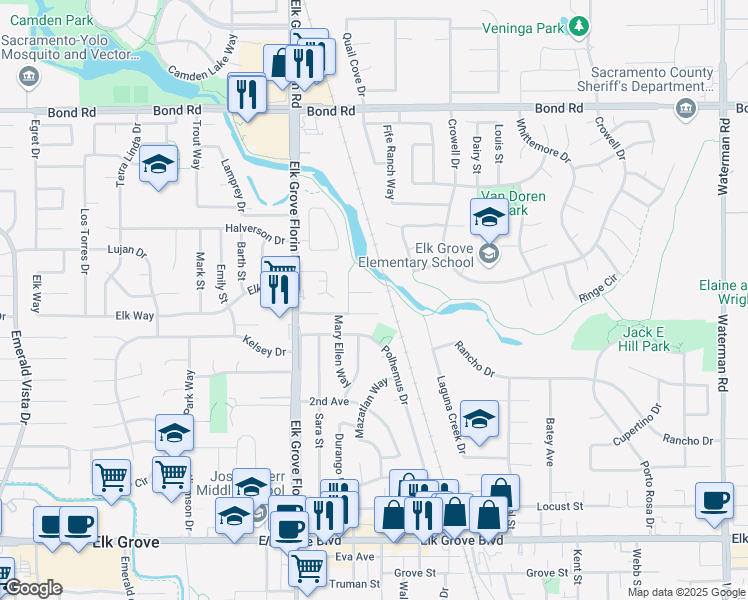 map of restaurants, bars, coffee shops, grocery stores, and more near 8972 Laguna Vista Court in Elk Grove
