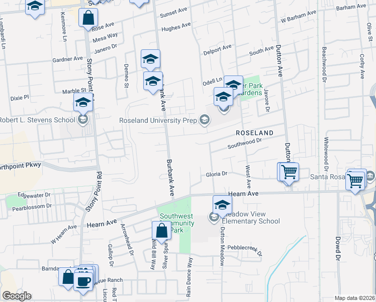 map of restaurants, bars, coffee shops, grocery stores, and more near 2216 Burbank Avenue in Santa Rosa