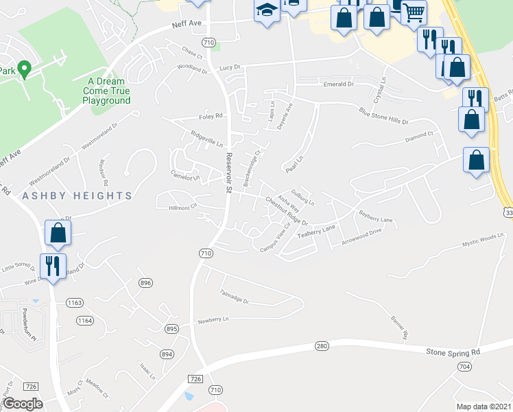 map of restaurants, bars, coffee shops, grocery stores, and more near 520 Davis Mills Drive in Harrisonburg