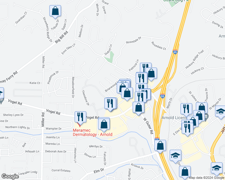 map of restaurants, bars, coffee shops, grocery stores, and more near 2033 Essex Drive in Arnold