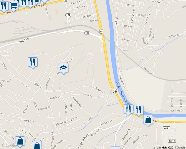 map of restaurants, bars, coffee shops, grocery stores, and more near Rotary Park Dr in Huntington