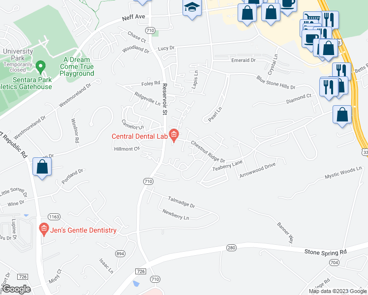 map of restaurants, bars, coffee shops, grocery stores, and more near 2415 Avonlea Lane in Harrisonburg