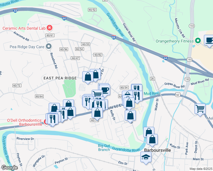 map of restaurants, bars, coffee shops, grocery stores, and more near 0 Jenny Lynn Lane in Huntington