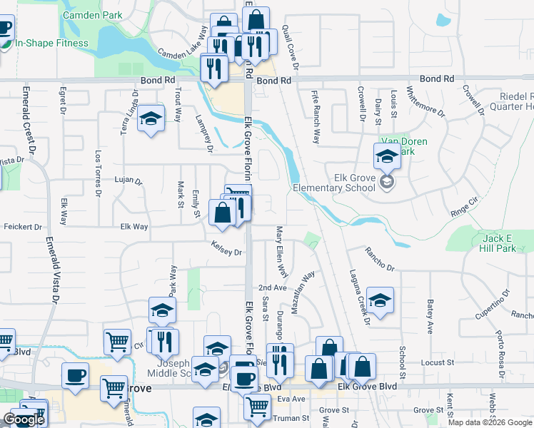 map of restaurants, bars, coffee shops, grocery stores, and more near 8954 Rancho Grande Court in Elk Grove