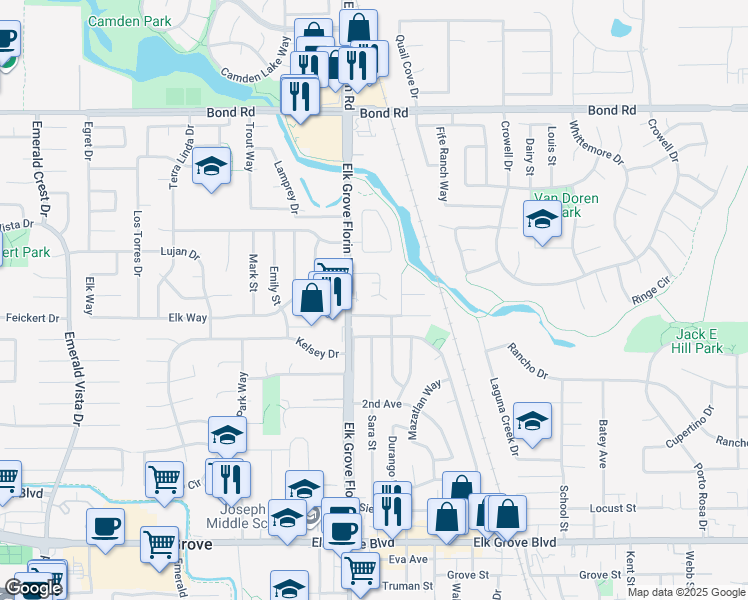 map of restaurants, bars, coffee shops, grocery stores, and more near 8950 Rancho Grande Court in Elk Grove