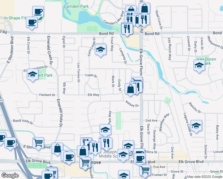 map of restaurants, bars, coffee shops, grocery stores, and more near 8818 Elk Way in Elk Grove