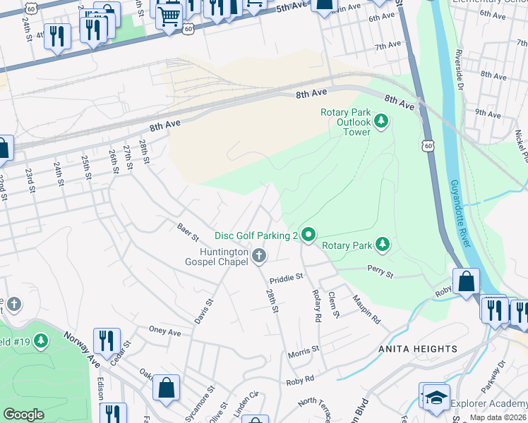 map of restaurants, bars, coffee shops, grocery stores, and more near 101 Valentia Street in Huntington