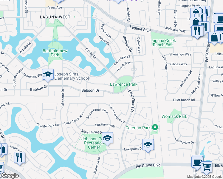 map of restaurants, bars, coffee shops, grocery stores, and more near 9394 Fassett Way in Elk Grove