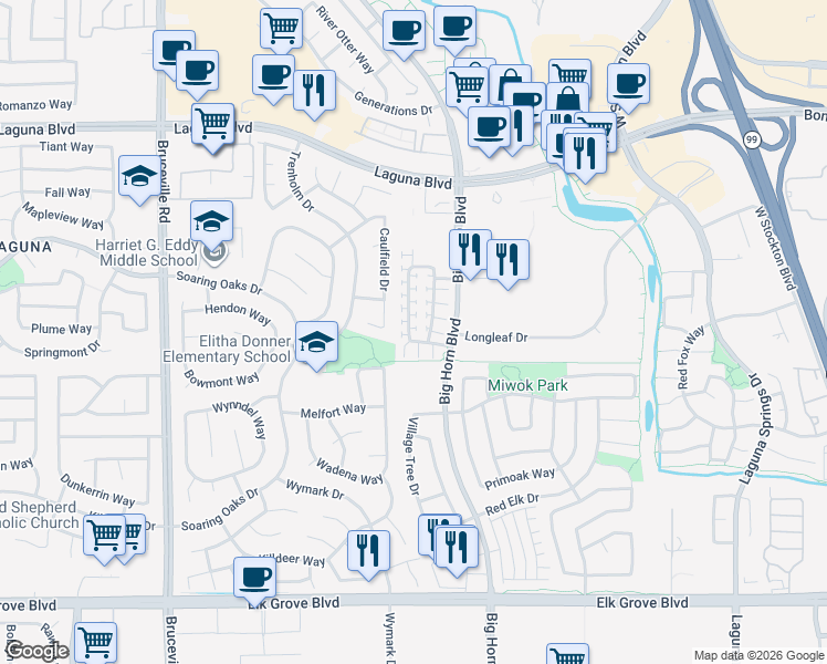 map of restaurants, bars, coffee shops, grocery stores, and more near 8211 Crystal Walk Circle in Elk Grove