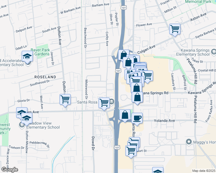 map of restaurants, bars, coffee shops, grocery stores, and more near 2373 Corby Avenue in Santa Rosa