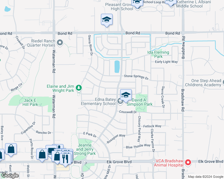 map of restaurants, bars, coffee shops, grocery stores, and more near 9478 Misty River Way in Elk Grove