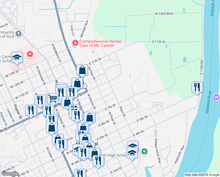 map of restaurants, bars, coffee shops, grocery stores, and more near 752-798 Plum Street in Mount Carmel