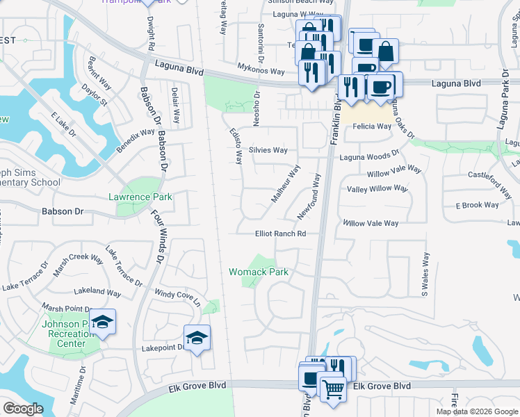 map of restaurants, bars, coffee shops, grocery stores, and more near 9401 Malheur Way in Elk Grove