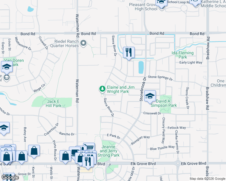 map of restaurants, bars, coffee shops, grocery stores, and more near 9416 Dante Court in Elk Grove