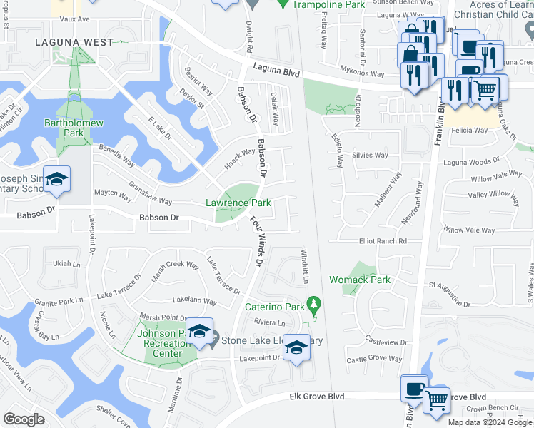 map of restaurants, bars, coffee shops, grocery stores, and more near 9384 Lufkin Way in Elk Grove