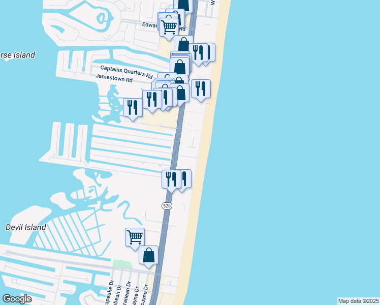 map of restaurants, bars, coffee shops, grocery stores, and more near 11100 Maryland 528 in Ocean City